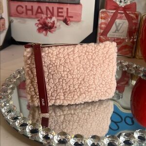 Ipsy NWOT Blush and Maroon Textured Sherpa Cosmetic Bag